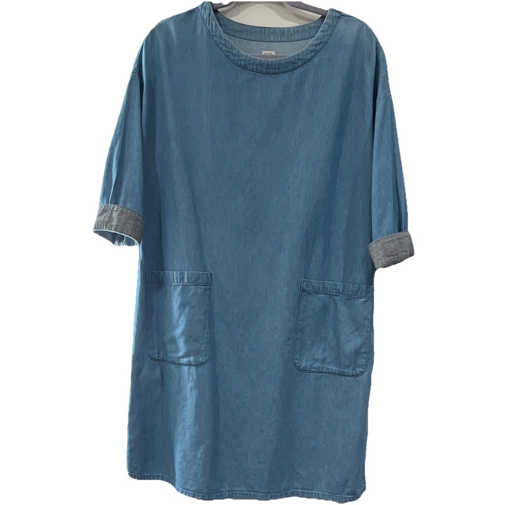Denim Tunic Dress 3/4 Sleeves Pockets Cotton Minimalist Grandma Coastal M